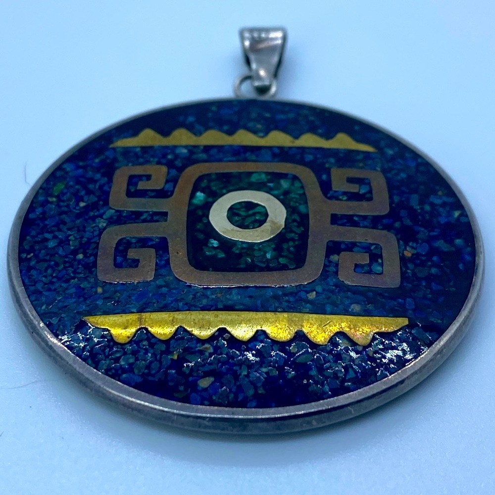 Vintage TAXCO Mexican Sterling Third Eye Fish Mosaic Double Sided 925 Pendant